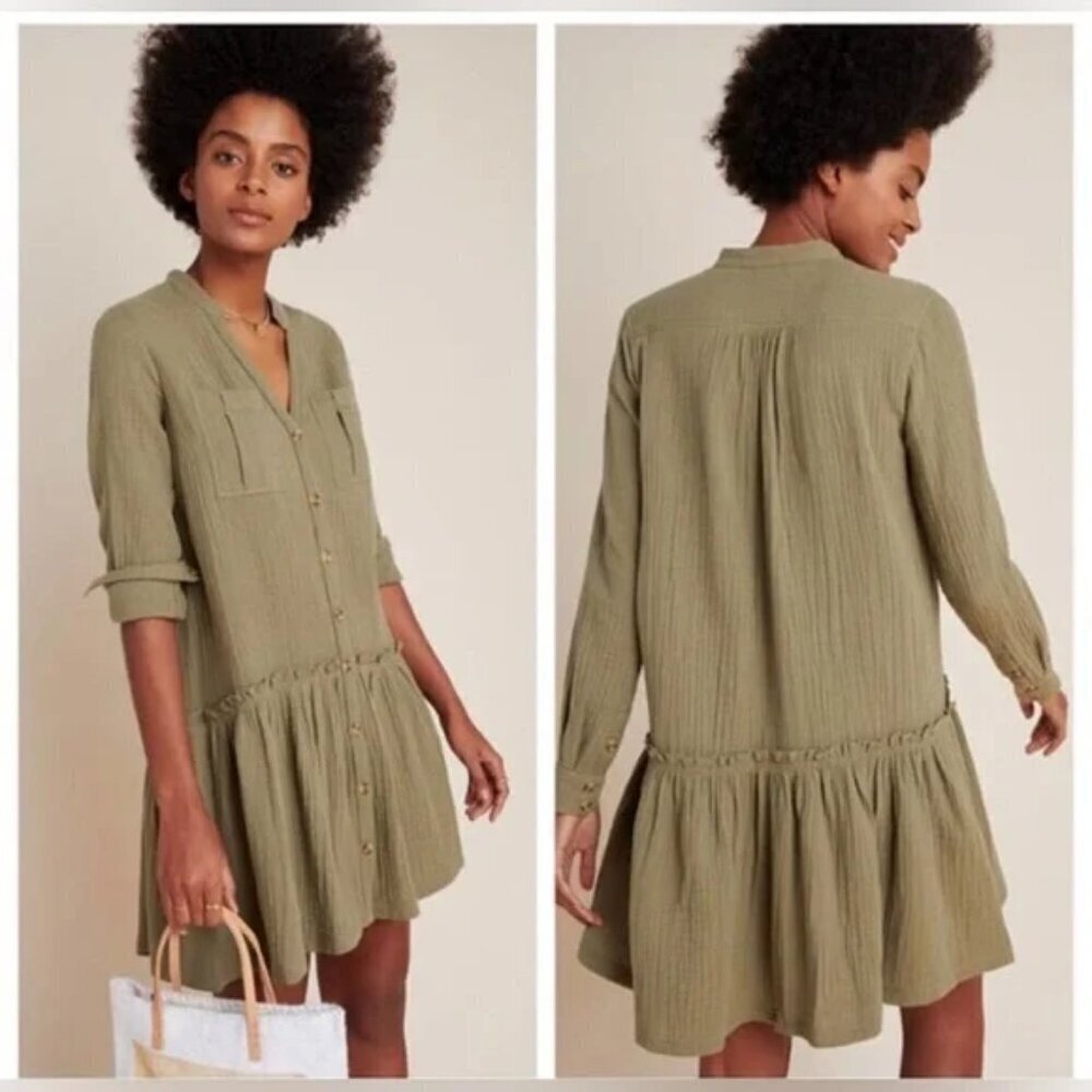 Anthropologie / Maeve Green Cotton Gauze  Katie Utility Tunic Dress 6